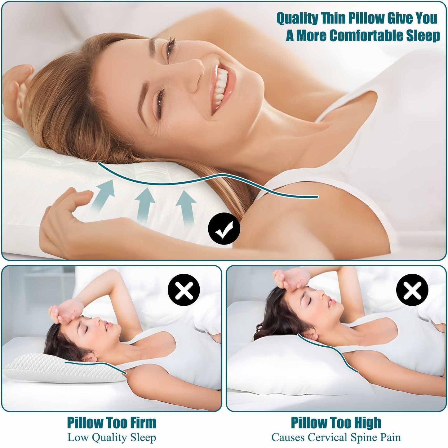 6.5cm Ultra Thin Flat Pillows for Sleeping Standard Size, 2.5 in Slim Bed Pillow for Stomach Back Sleeper, Low Profile Pillow Hypoallergenic White 46x66 cm