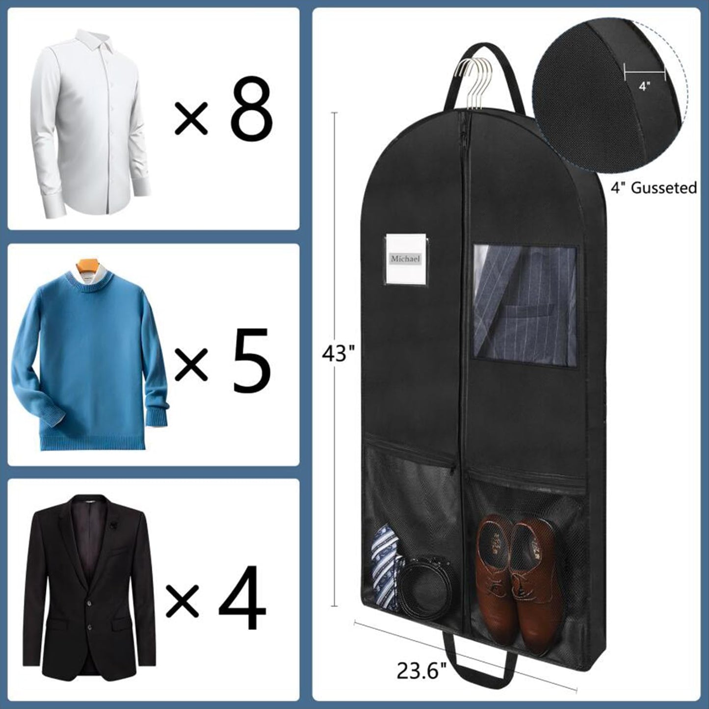 Belinlen 3pack 43" Garment Bags for Travel Hanging Clothes Suit Bag with 4" Gussetes for Cover Clothes Protection Suit Garment Bag with 2 Mesh Pockets and 2 Carry Handles (Black)