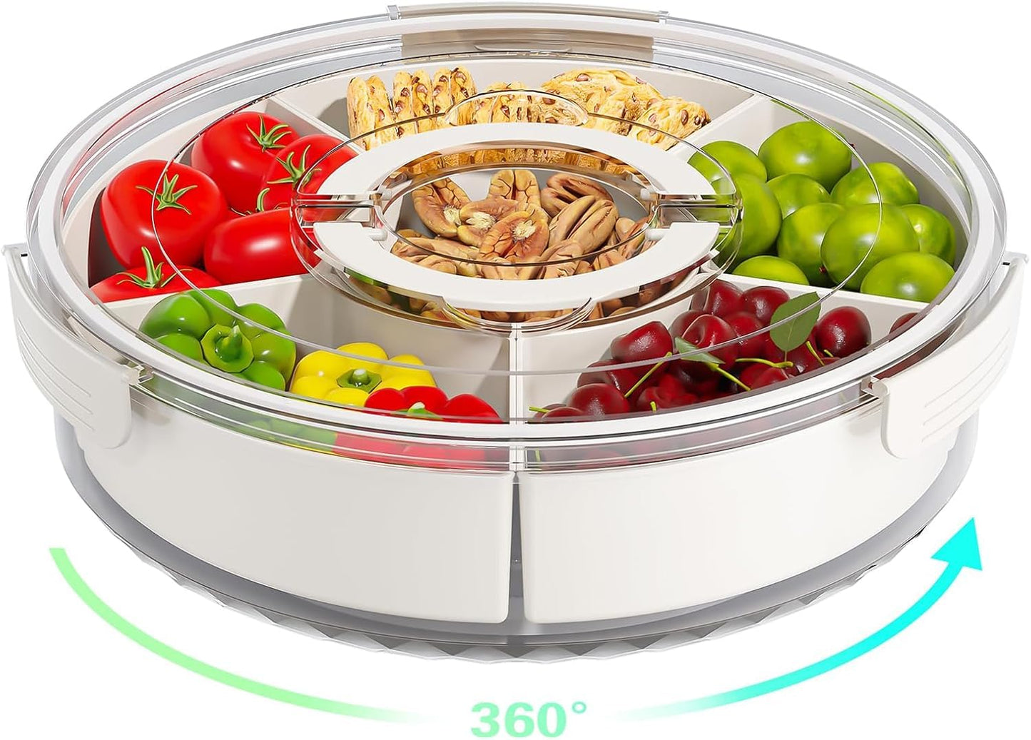 POLCANUR Divided Rotating Snack Storage Box with Lid and Handle, 360° Portable Clear Spinner Serving Tray for Fruits Veggie Charcuterie, Relish Tray, 6 Compartments