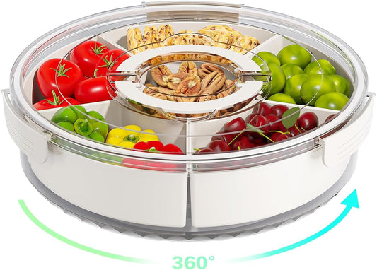 POLCANUR Divided Rotating Snack Storage Box with Lid and Handle, 360° Portable Clear Spinner Serving Tray for Fruits Veggie Charcuterie, Relish Tray, 6 Compartments