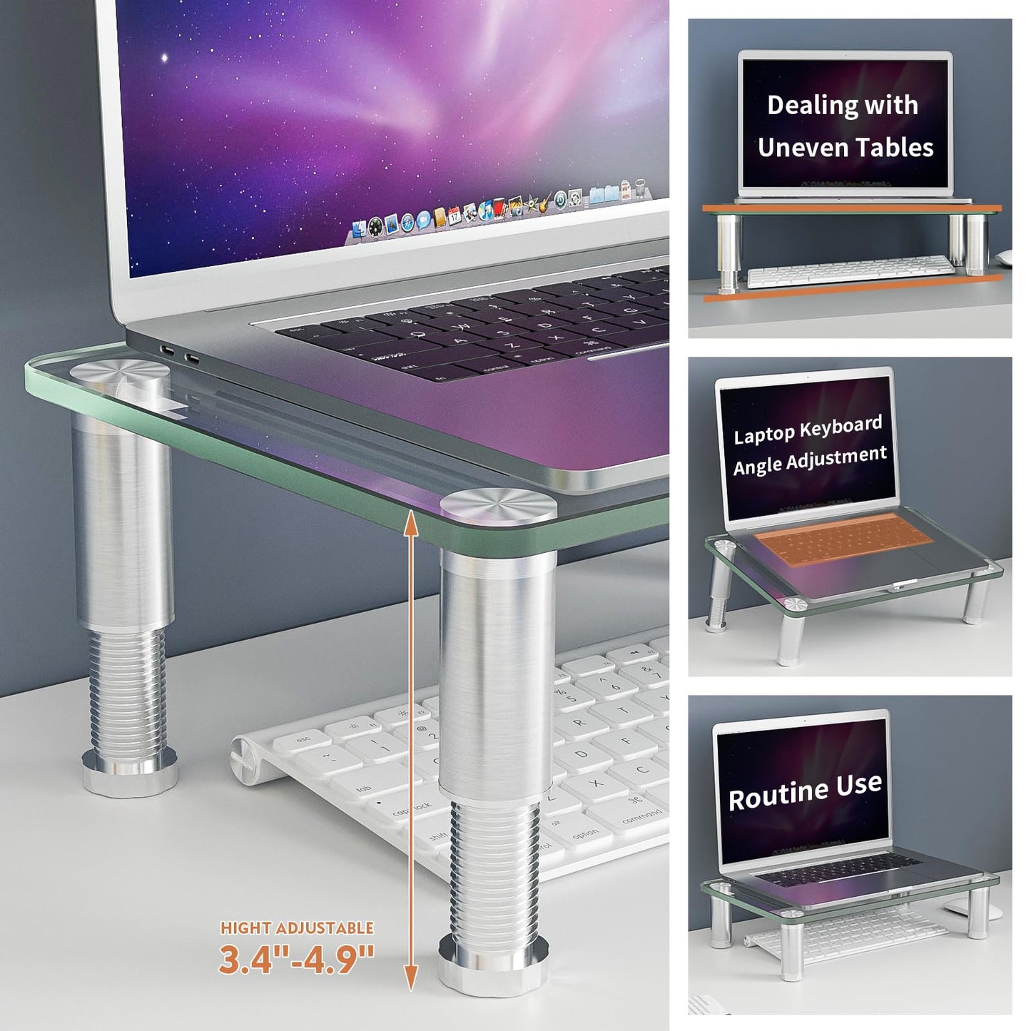 Clear Tempered Glass Computer Monitor Riser with Height Adjustable Multi Media Desktop Stand for Flat Screen LCD LED TV, Laptop/Notebook/Xbox One,HD01T-002