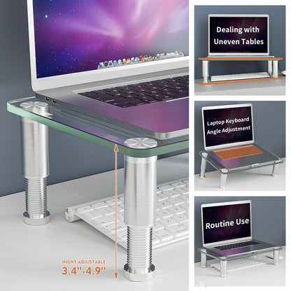 Clear Tempered Glass Computer Monitor Riser with Height Adjustable Multi Media Desktop Stand for Flat Screen LCD LED TV, Laptop/Notebook/Xbox One,HD01T-002