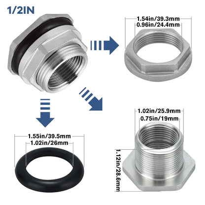Carvedexquisitely Bulkhead Water Tank Fitting,1/2" NPT Female Thread,304 Stainless Steel Thru-bulk Fitting(2 Pcs)