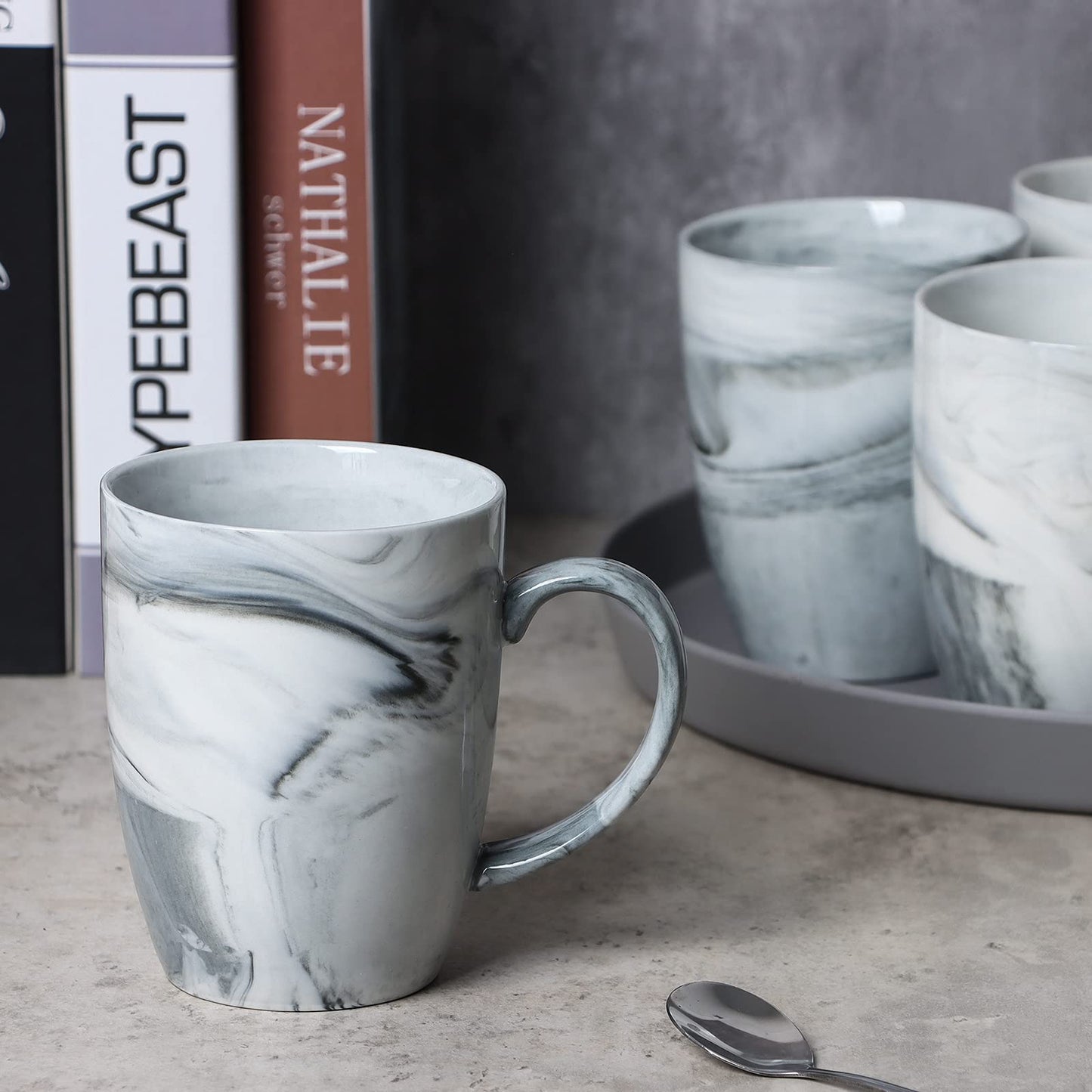 14 OZ Unique Coffee Mugs, Smilatte M067 Novelty Marble Ceramic Cup for Home and Office, Microwave Dishwasher Safe, Set of 4, Gray