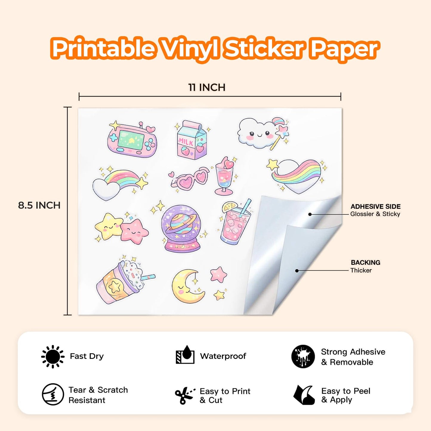 Printable Vinyl for Inkjet Printer - 55 Pack Matte White Printable Vinyl Sticker Paper Dries Quickly Vivid Colors, Holds Ink Well, Tear Resistant, Inkjet & Laser Printer by JANDJPACKAGING