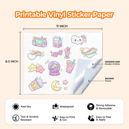 Printable Vinyl for Inkjet Printer - 55 Pack Matte White Printable Vinyl Sticker Paper Dries Quickly Vivid Colors, Holds Ink Well, Tear Resistant, Inkjet & Laser Printer by JANDJPACKAGING