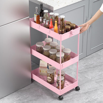SPACELEAD Slim Storage Cart,3 Tier Bathroom Rolling Organizer Slide Out Mobile Shelving Unit Trolley for Office Kitchen Laundry Room Narrow Places, Pink