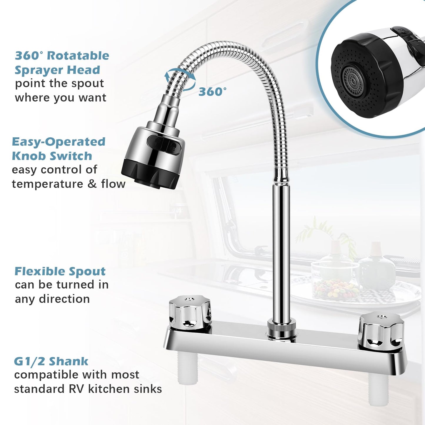RV Kitchen Faucet, XFIRE-GEAR Camper Faucet Kitchen with Flexible Arc 360 Degree Rotatable Dual Function Sprayer, RV Sink Faucets for Motorhomes, Travel Trailers (8 Inches Apart)