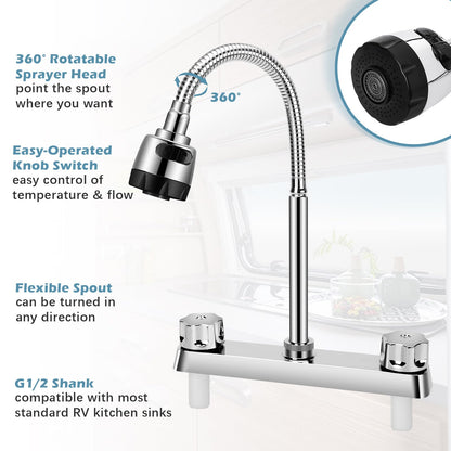 RV Kitchen Faucet, XFIRE-GEAR Camper Faucet Kitchen with Flexible Arc 360 Degree Rotatable Dual Function Sprayer, RV Sink Faucets for Motorhomes, Travel Trailers (8 Inches Apart)