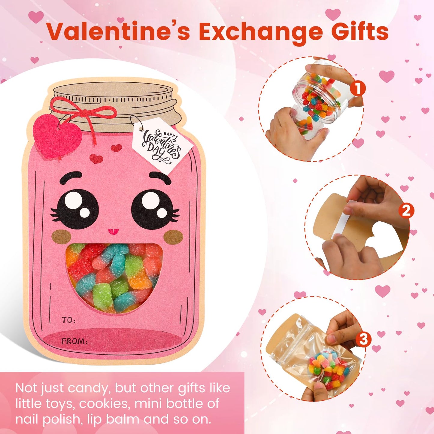 POPGIFTU Valentines Day Cards – 48 Pack Funny Face Mason Jar Valentine Cards with Treat Bags, Exchange Cards for Valentines Day (Candy Not Included)