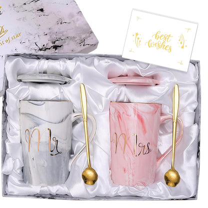 YOETTE Mr and Mrs Coffee Mugs Set 14oz Wedding Gifts for Couples 2026 Bridal Shower Anniversary Engagement Valentines Present for Newlyweds Bride Groom Grey & Pink Cup
