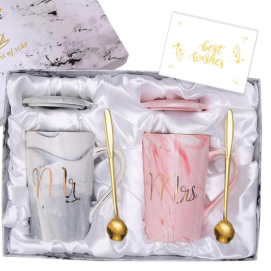 YOETTE Mr and Mrs Coffee Mugs Set 14oz Wedding Gifts for Couples 2026 Bridal Shower Anniversary Engagement Valentines Present for Newlyweds Bride Groom Grey & Pink Cup