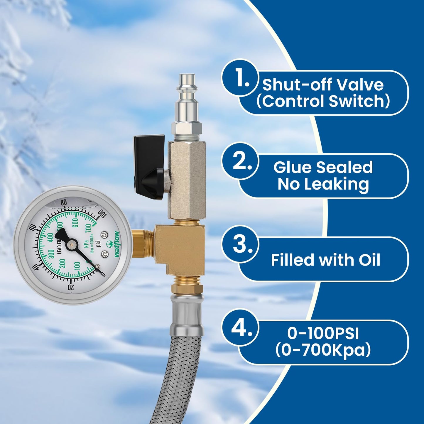 Watflow Air Compressor Water Blow Out Adapter with 100psi Pressure Gauge, with 1/4" Quick Connect Shut-Off Valve & 3/4" GHT Blow-Out Fitting Adapter, 304 SS Hose for Camper, Travel Trailer(12")