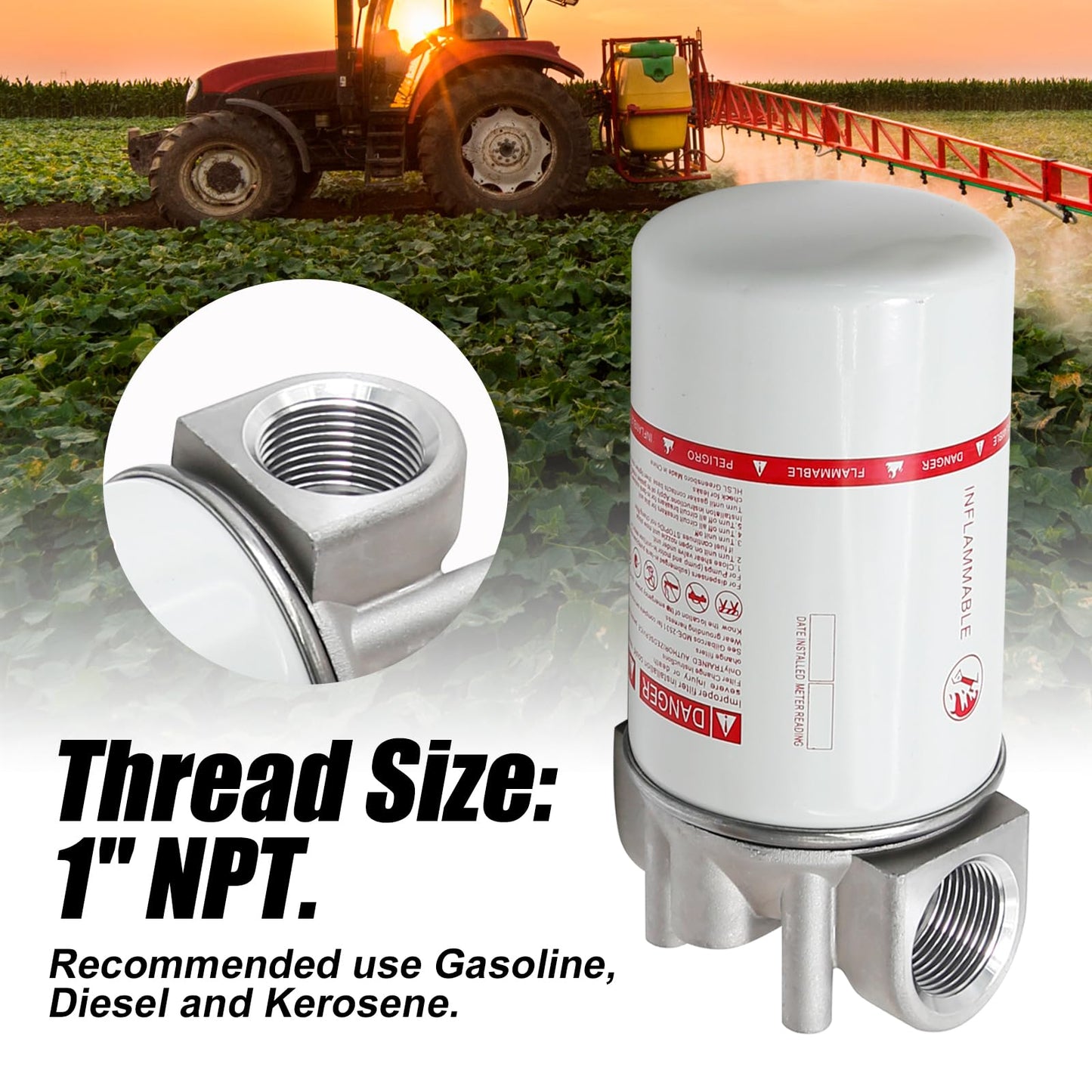 VIKKSAER 1" NPT Fuel Filter Aluminum High Flow, 30 Micron Spin-on Cartridge Style for Mobile & Stationary Fuel Pump Tanks Boat