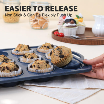 Vnray 2 Pack Silicone Muffin Pan with Metal Frame, Non Stick Silicone Cupcake Pan with Handles Regular 12 Cup, BPA Free Silicon Muffin Tin Tray for Baking, Egg Bites, Cupcake Mold Grey