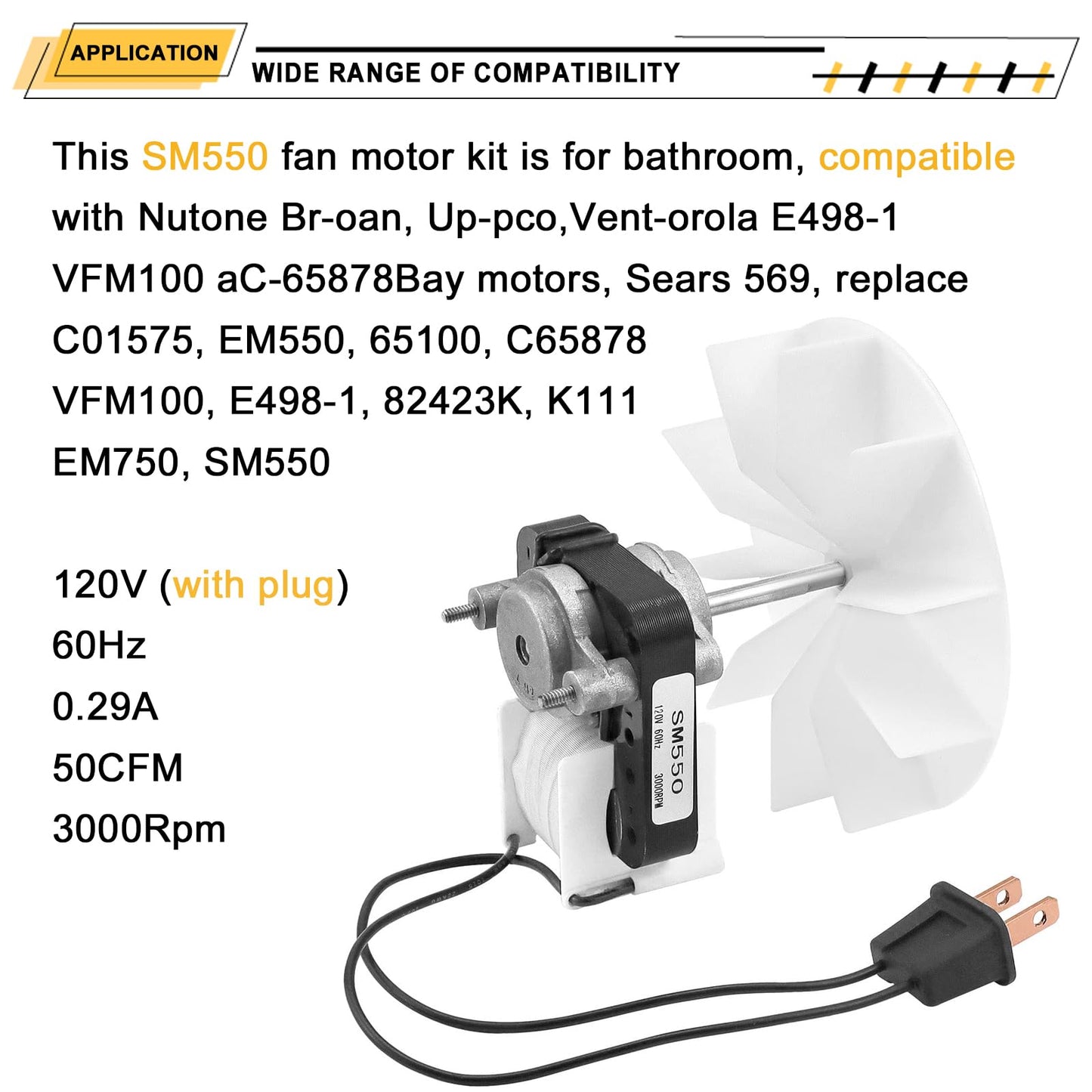 SM550 Universal Bathroom Vent Fan Motor Replacement Kit, Compatible with Nutone Broan 50 CFM, 120V, C01575, 65100, EM550, EM750
