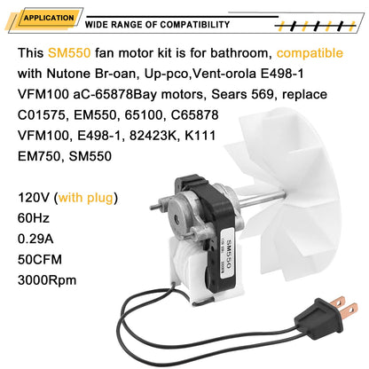 SM550 Universal Bathroom Vent Fan Motor Replacement Kit, Compatible with Nutone Broan 50 CFM, 120V, C01575, 65100, EM550, EM750