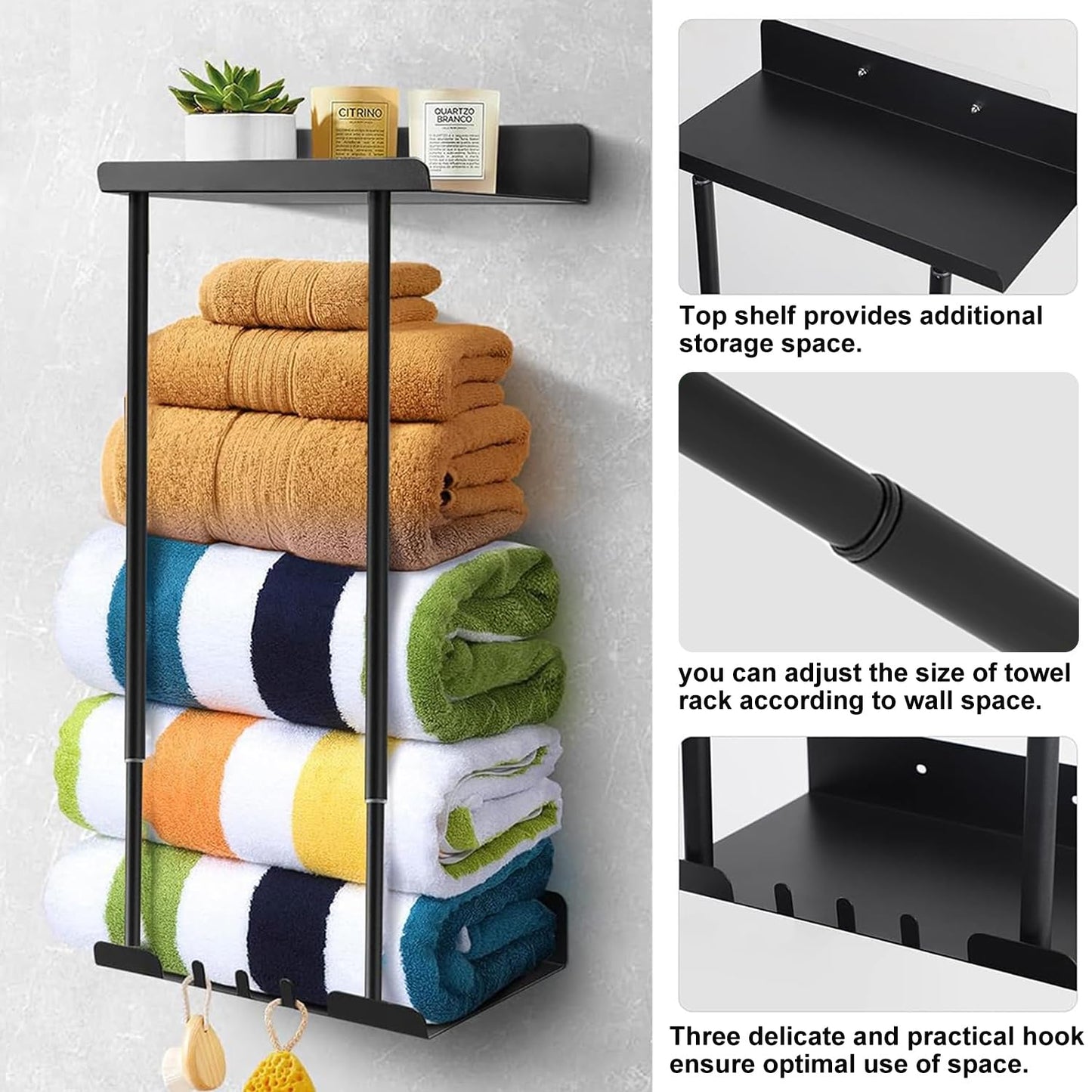 Towel Racks for Bathroom, No Drilling Towel Holder Towel Rack, Towel Storage Wall Mounted, Adjustable Towel Rack Bathroom Storage, Bathroom Towel Shelf for Rolled or Folded Towels, Black