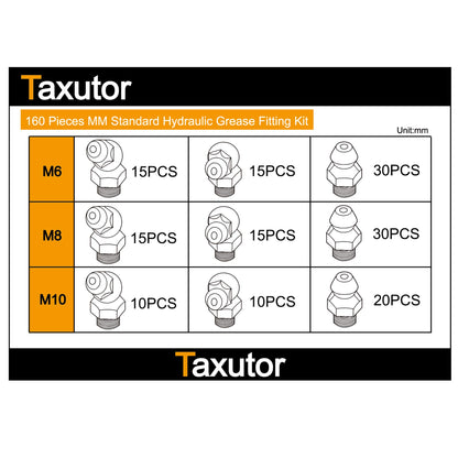 Taxutor 160-Pieces MM Metric Hydraulic Zerk Grease Fitting Assortment Set Kit - M6 M8 M10 Straight, 45 Degree, 90 Degree Angled Grease Zerk Fittings