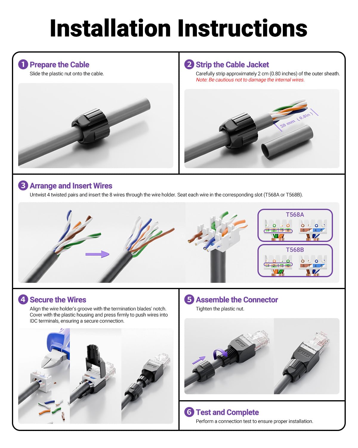 VCELINK CAT6A Tool-Free RJ45 Connector, 10 Gbps, UTP No-Crimp Compact Reusable Plug for Field Termination for 23-26 AWG Ethernet Cables, Black, 6-Pack
