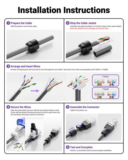 VCELINK CAT6A Tool-Free RJ45 Connector, 10 Gbps, UTP No-Crimp Compact Reusable Plug for Field Termination for 23-26 AWG Ethernet Cables, Black, 6-Pack