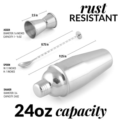 Zulay Kitchen 24 oz Stainless Steel Cocktail Shaker Set - Mixed Drink Shaker - Martini Shaker Set with Built in Strainer, Double Sided Jigger & Combo Muddler Mixing Spoon - Pro Margarita Shaker