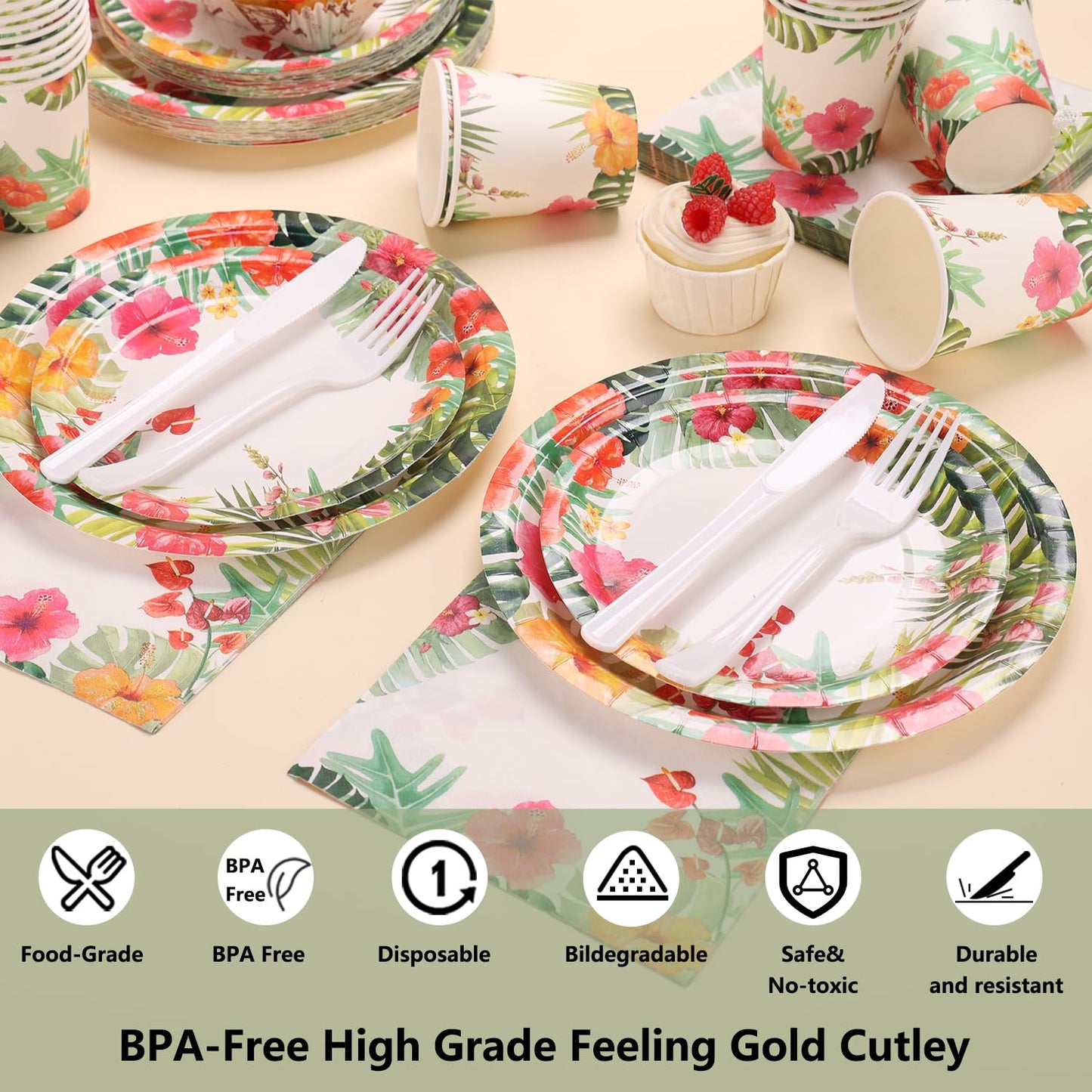 SIMYFOIN Hawaiian Tropical Beach Theme Party Decorations Disposable Floral Paper Plates and Napkins Set for 24 Guest Beach Luau Birthday Summer Paper Plate Tableware