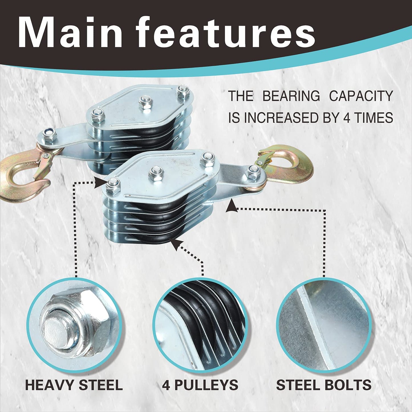 4000LB 65 Feet Rope Hoist Pulley Heavy Duty 2 Ton Wheel Block and Tackle System 7:1 Ratio Lifting Power