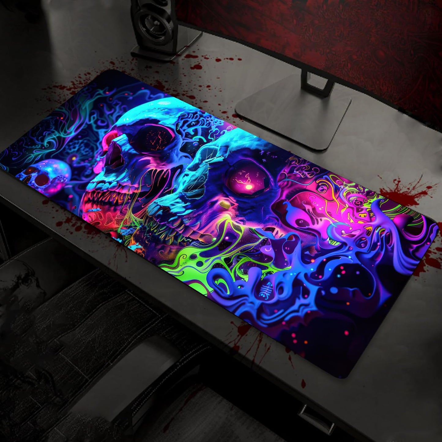 Simpkeely Horror Skull Mouse Pad, Large Waterproof Blacklight Colorful Skeleton Neon Gaming Non-Slip Rubber Base Mousemat, Glow in The Dark Abstract Desk Mat for Office Home - 31.5 x 11.8 inches
