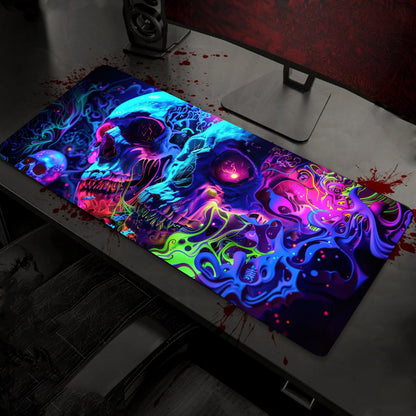 Simpkeely Horror Skull Mouse Pad, Large Waterproof Blacklight Colorful Skeleton Neon Gaming Non-Slip Rubber Base Mousemat, Glow in The Dark Abstract Desk Mat for Office Home - 31.5 x 11.8 inches