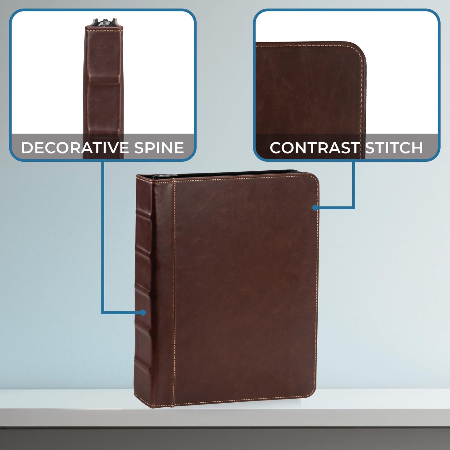 Samsill Vintage Junior Hardback 3 Ring Zipper Binder, Professional Planner Organizer, 1-Inch Capacity, Faux Leather with Contrast Stitching, Brown, 9.25 x 7.5 Inches