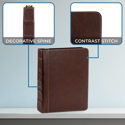 Samsill Vintage Junior Hardback 3 Ring Zipper Binder, Professional Planner Organizer, 1-Inch Capacity, Faux Leather with Contrast Stitching, Brown, 9.25 x 7.5 Inches