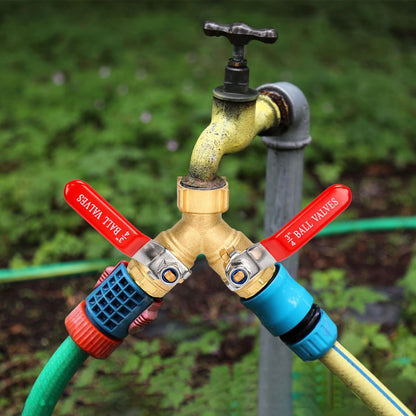 XIBETEO Heavy Duty Brass Garden Hose Splitter 2 Way with Stainless Steel Long Handle 3/4" GHT Thread Hose Y Valve Garden Hose Connector with Seal Tape and Washers
