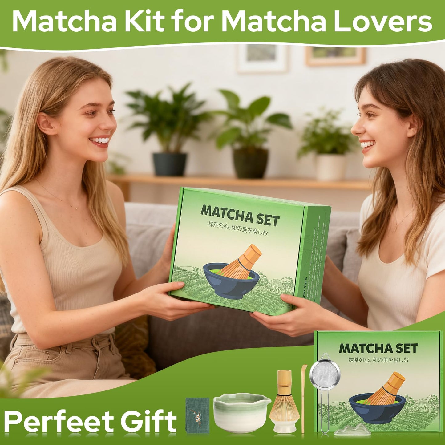 Ceecysaa Matcha Whisk Set, 7 Pcs Matcha Set, Matcha Kit for Ceremony, Matcha Tea Set for Making Breakfast/Matcha Latte, Matcha Whisk and Matcha Whisk and Bowl, As A Gift, Gradient Green