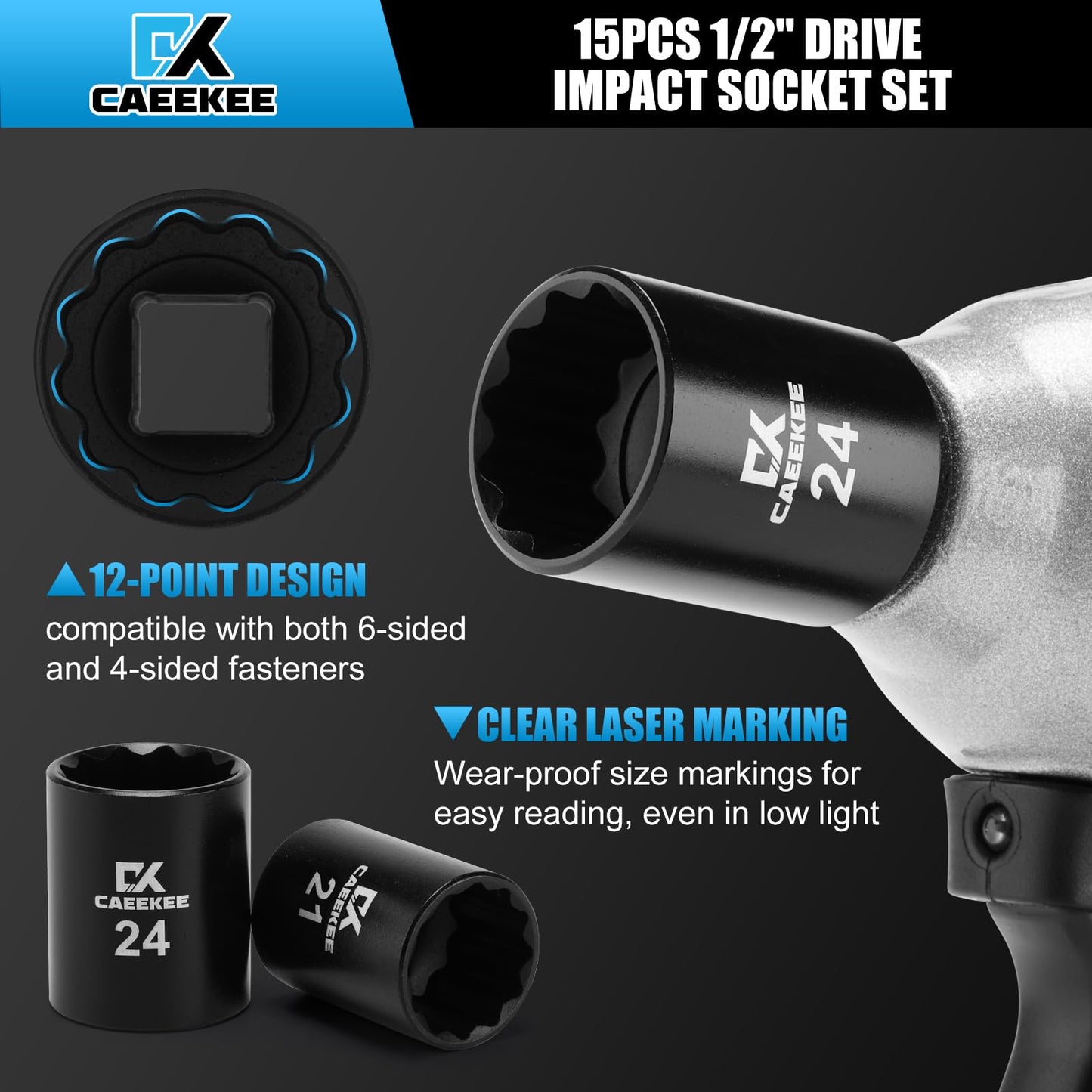 CaeeKee 15PCS 1/2" Drive Shallow 12-Point Impact Socket Set, Metric(11mm - 32mm), Cr-V Steel, Includes Drill Socket Adapter
