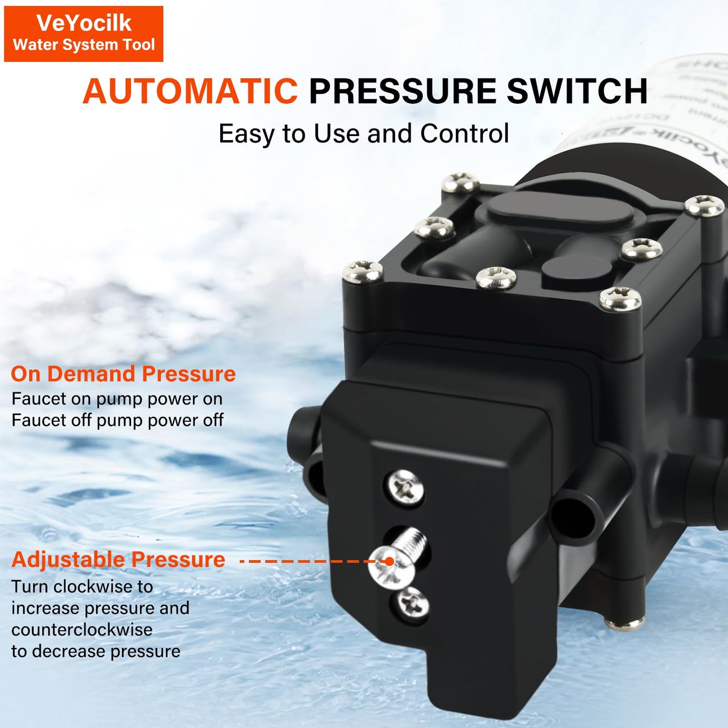 VeYocilk DC 12V Water Pump,1GPM 4L/Min Diaphragm Pump Build in Pressure Switch with 2 Hose Clamps for Pumping Water