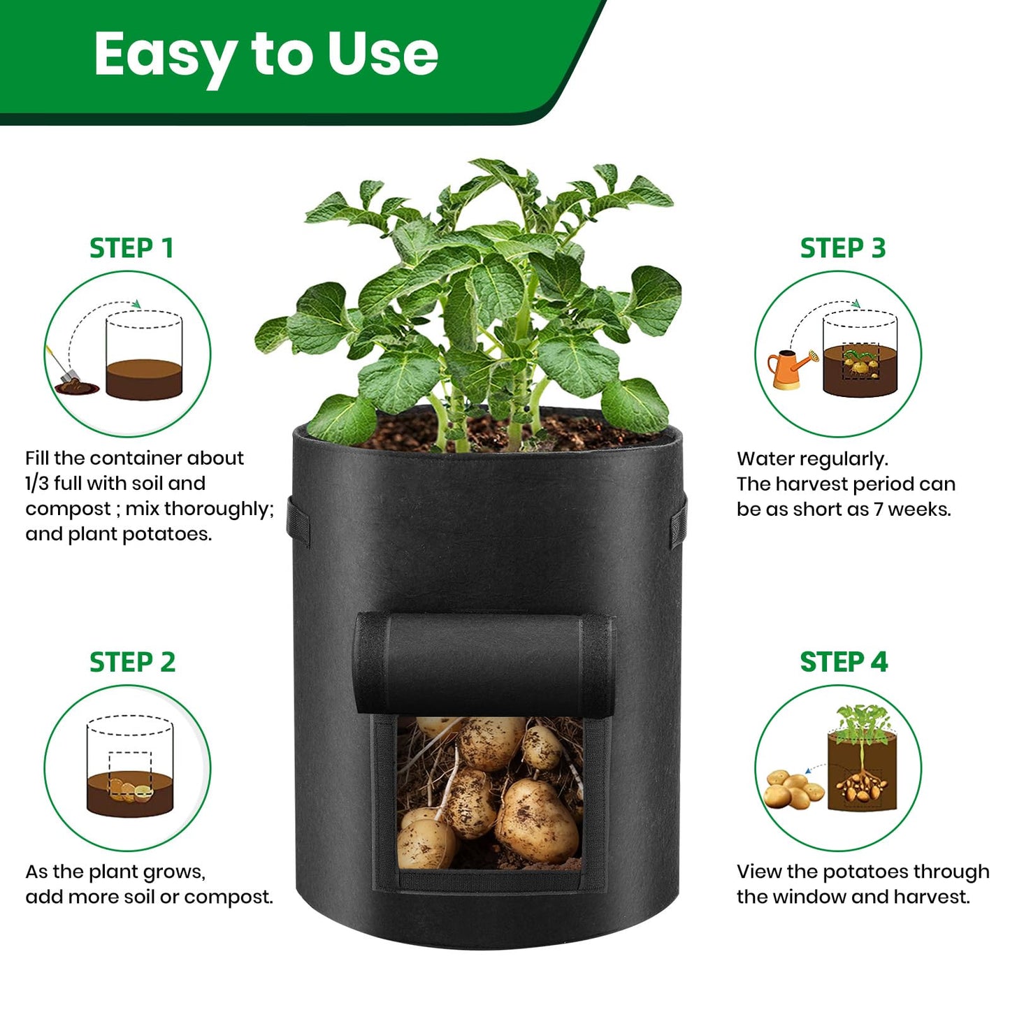 6 Pack Grow Bags, 10 Gallon Potato Growing Bags Breathable Fabric Vegetable Planter Bag with Flap and Handles Large Garden Pots Potato Growing Containers for Vegetables, Fruits and More, Black
