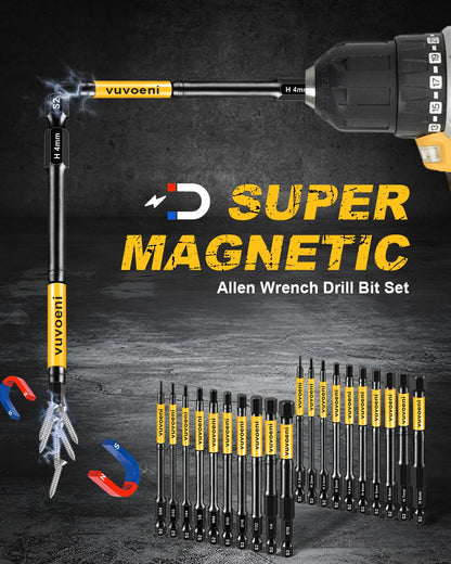 vuvoeni Impact Hex Head Allen Wrench Drill Bit Set 4 in Long (Metric & SAE), 20PCS Allen Bits Magnetism, 1/4'' Hex-Shank S2 Steel for DIY Furniture Assembly & Car Repairs