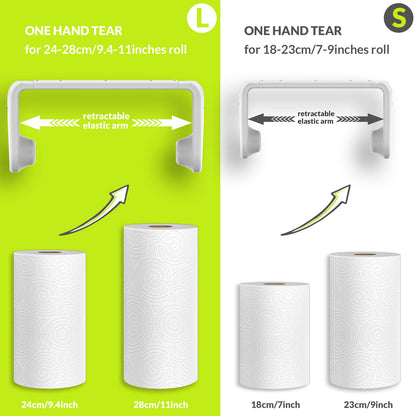 simpletome Paper Towel Holder Under Cabinet or Wall Mount ONE Hand Operation Tension Arm Kitchen Roll Holder (White, for 24-28cm/9.4-11inches roll)