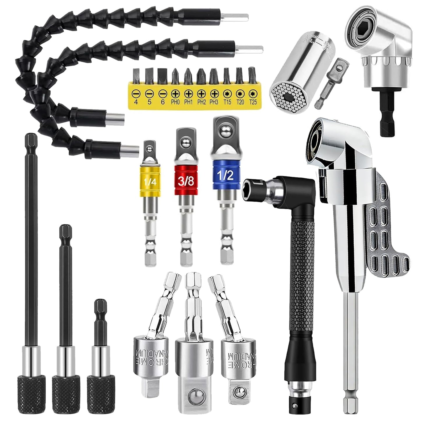 ZORKNOPT 26 PCS Flexible Drill Bit Extension Set with 2 PCS 105° Right Angle Drill Attachment, Bendable 1/2 3/8 1/4" Universal Socket Adapter & Screwdriver Bit Kit & Drill Bit Holder