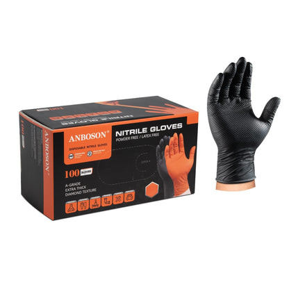 ANBOSON 10 Mil Black Nitrile Disposable Gloves, Mechanic, Safety Work Gloves, Latex & Powder Free, Fully Diamond Textured (Black of 100, Large)