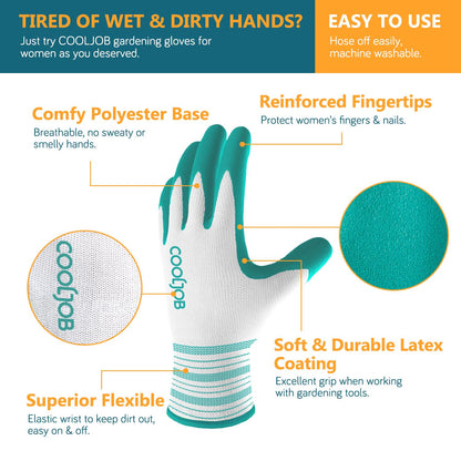 COOLJOB Garden Gloves for Women, 6 Pairs Breathable Rubber Coated Non-slip Palm, for Outdoor Work, Weeding Landscaping, Lawn Yard, Ladies Medium Size Fits Most, Red & Green (Half Dozen M)