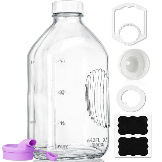 64 Oz Heavy Duty Glass Milk Bottle with Reusable Airtight Strong SCREW LID - Half Gallon Glass Water Bottle with Scale Lines - 2 Qt Juice Jug Pitcher - Extra Gaskets & Handle!