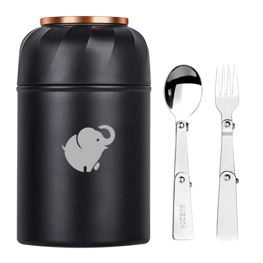 Thermo Food Container - Insulated Food Container With Foldable Fork& Spoon, Leak Proof Food Thermo, Portable Wide Mouth Soup Container With Handle For Outdoors Indoors Office Picnic (Black, 17OZ)