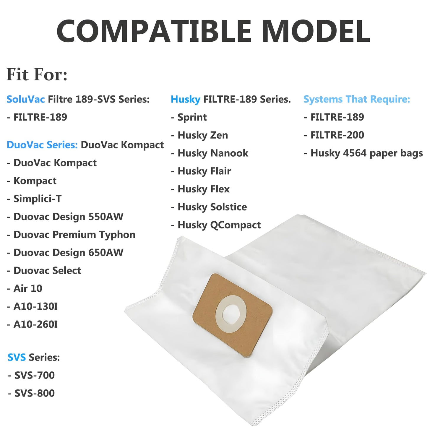 8 Pack Premium Central Vacuum Bags Compatible with Nuera Filtre 189, Husky Filtre 189, DuoVac Filtre 189, SoluVac Filtre-189 SVS, and Other CV Systems for Efficient Cleaning Solutions