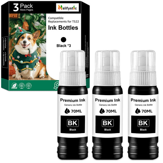 Compatible T522 Ink Refill Bottles Replacement for T522 Black Ink Bottles Compatible for ET-2400 ET-2720 ET-2800 ET-2803 ET-2840 ET-4700 ET-4800 ET-4810 Printers, 3 Black
