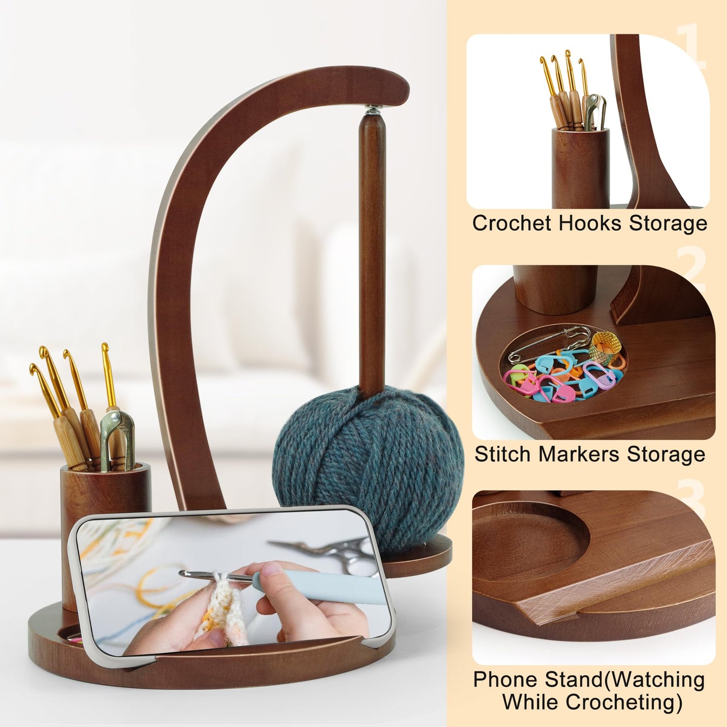 Crochet Yarn Holder, Yarn Spinner for Crocheting with Phone Stand & Crochet Accessories Storage, Crochet Gift for Knitting Lovers (Brown)