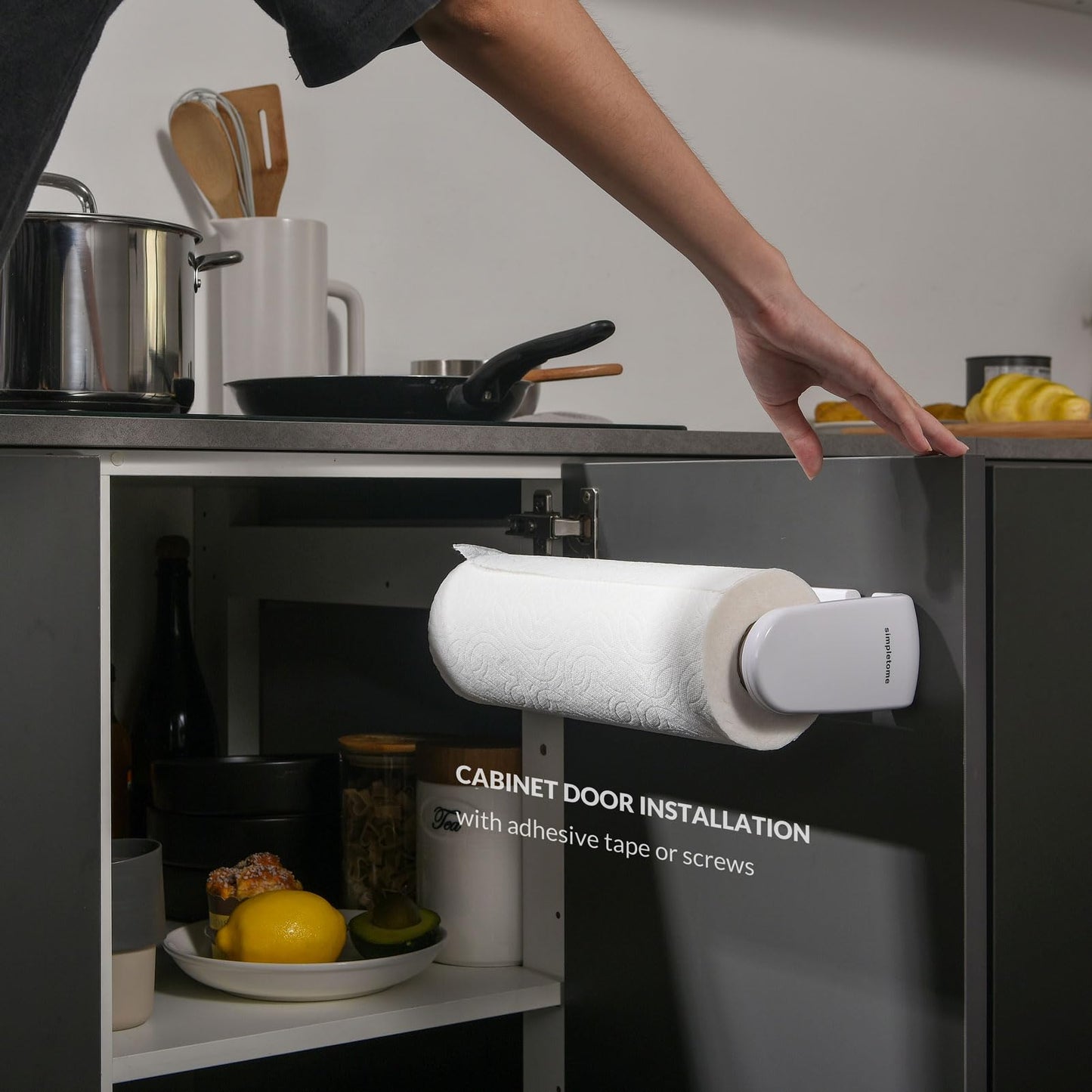 simpletome Paper Towel Holder Under Cabinet or Wall Mount ONE Hand Operation Tension Arm Kitchen Roll Holder (White, for 24-28cm/9.4-11inches roll)