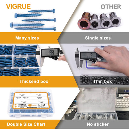VIGRUE Concrete Screws Assortment Kit 1/4" x 1-1/4" to 2-1/4" and 3/16" x 1-1/4" to 2-3/4" 175PCS Hex Head Cement Screws Set Diamond Point for Anchoring to Masonry, Block or Brick