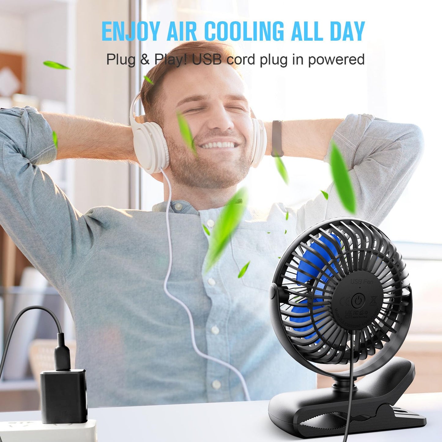 BESKAR USB Powered Clip on Fan, Portable Small Fan with Cord, 3 Speeds Strong Airflow, Personal Fan with Sturdy Clamp, Quiet Desk Fan & Clip Fan